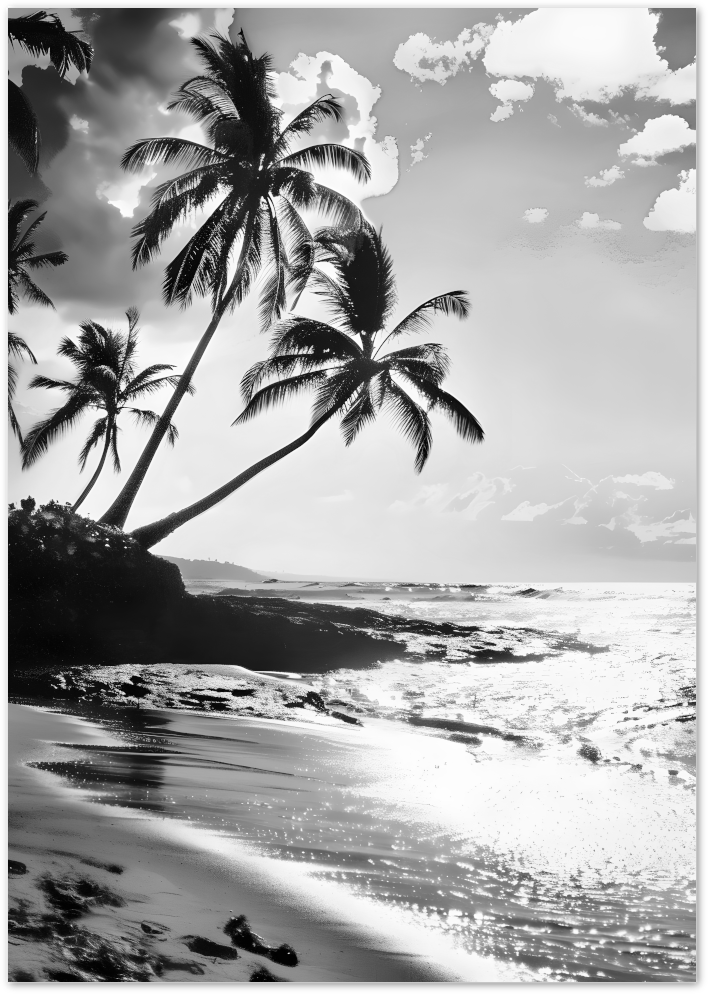 Posterux© | Palms by the Sea – Black & White Tropical Coastline