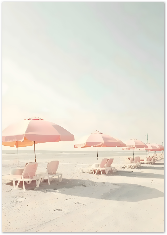 Posterux© | Pink Beach Umbrellas Poster – Soft Pastel Coastal Vibes